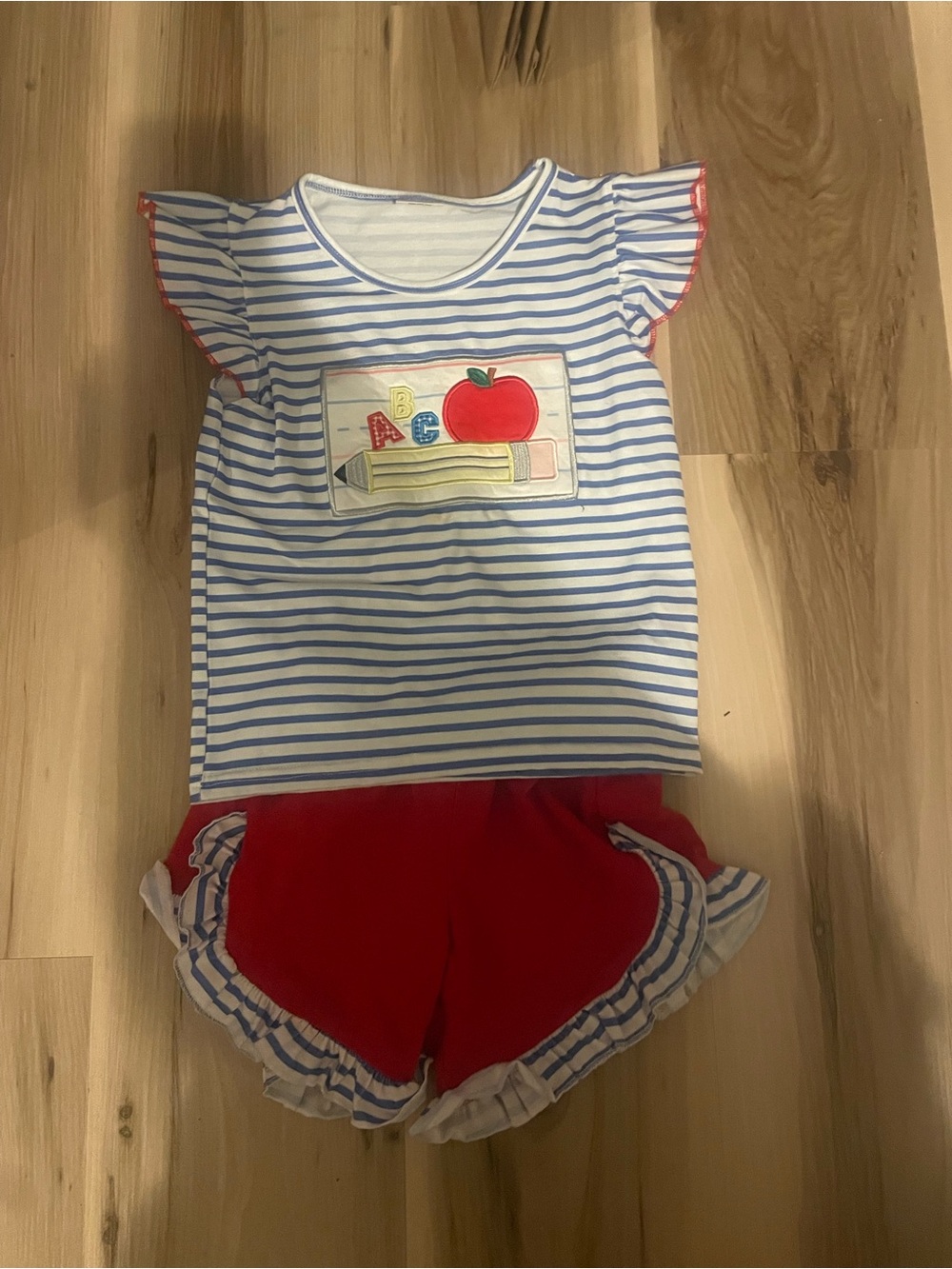 Girls' Blue Stripe & Red Ruffle School-Themed outfit